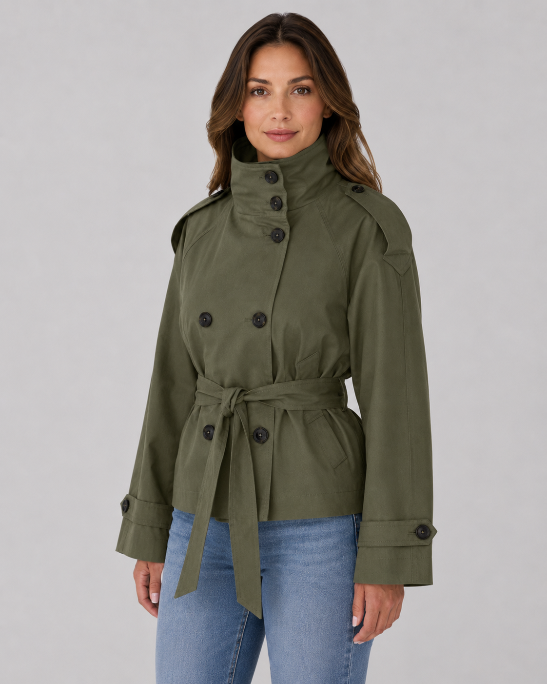 Women's Cropped Funnel-Neck Trench Coat