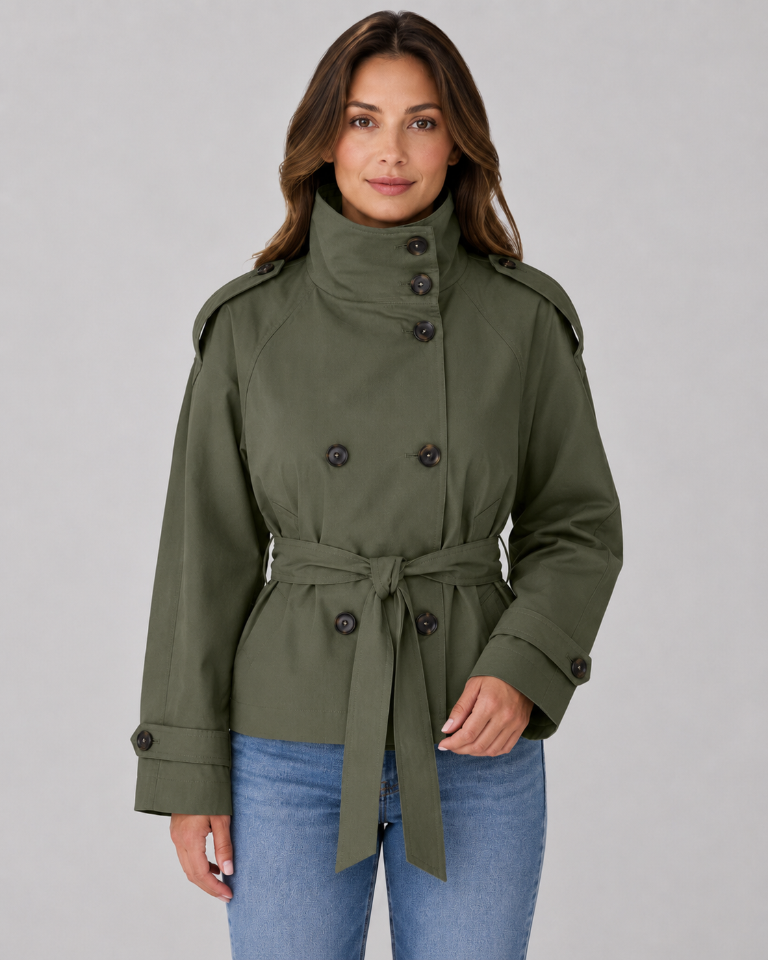 Women's Cropped Funnel-Neck Trench Coat