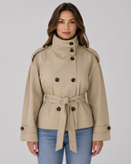 Women's Cropped Funnel-Neck Tie-Waist Trench Coat