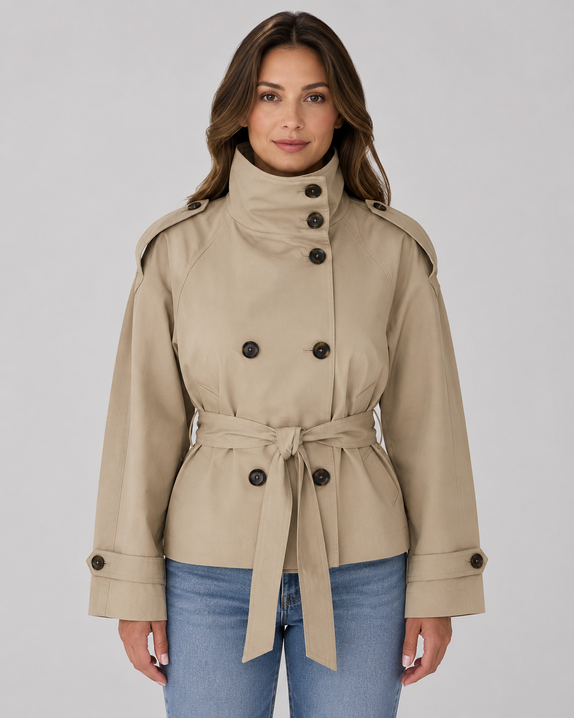 Women's Cropped Funnel-Neck Trench Coat