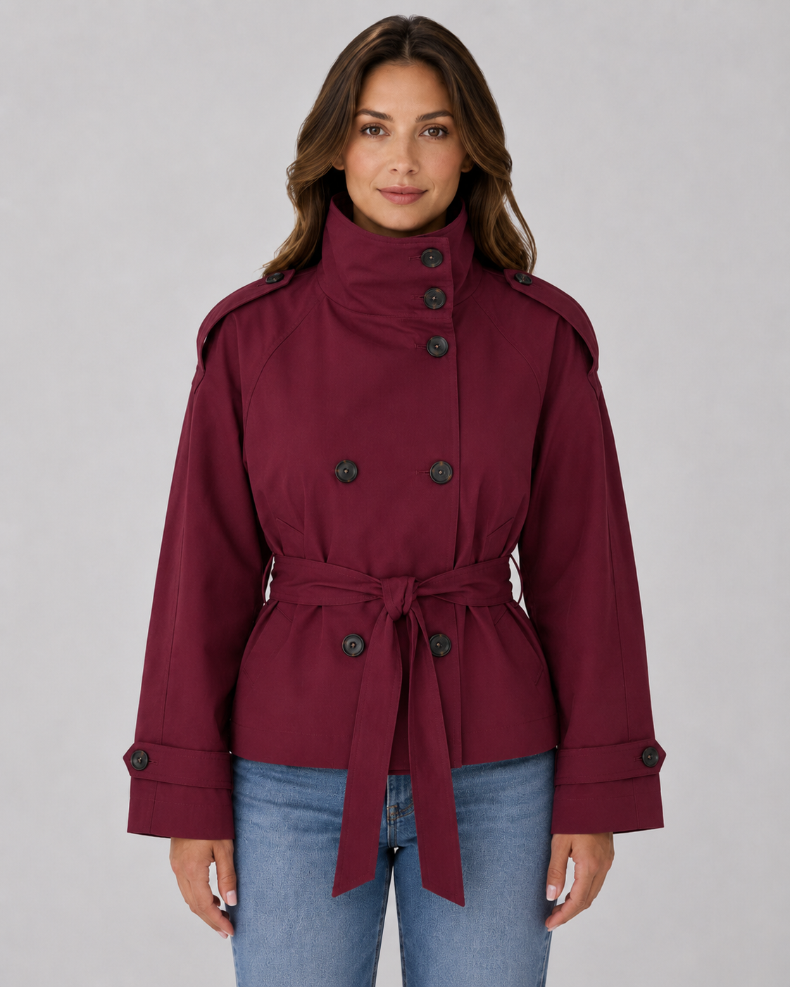 Women's Cropped Funnel-Neck Trench Coat