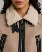 Women's Cropped Leather Aviator Jacket with Shearling Collar