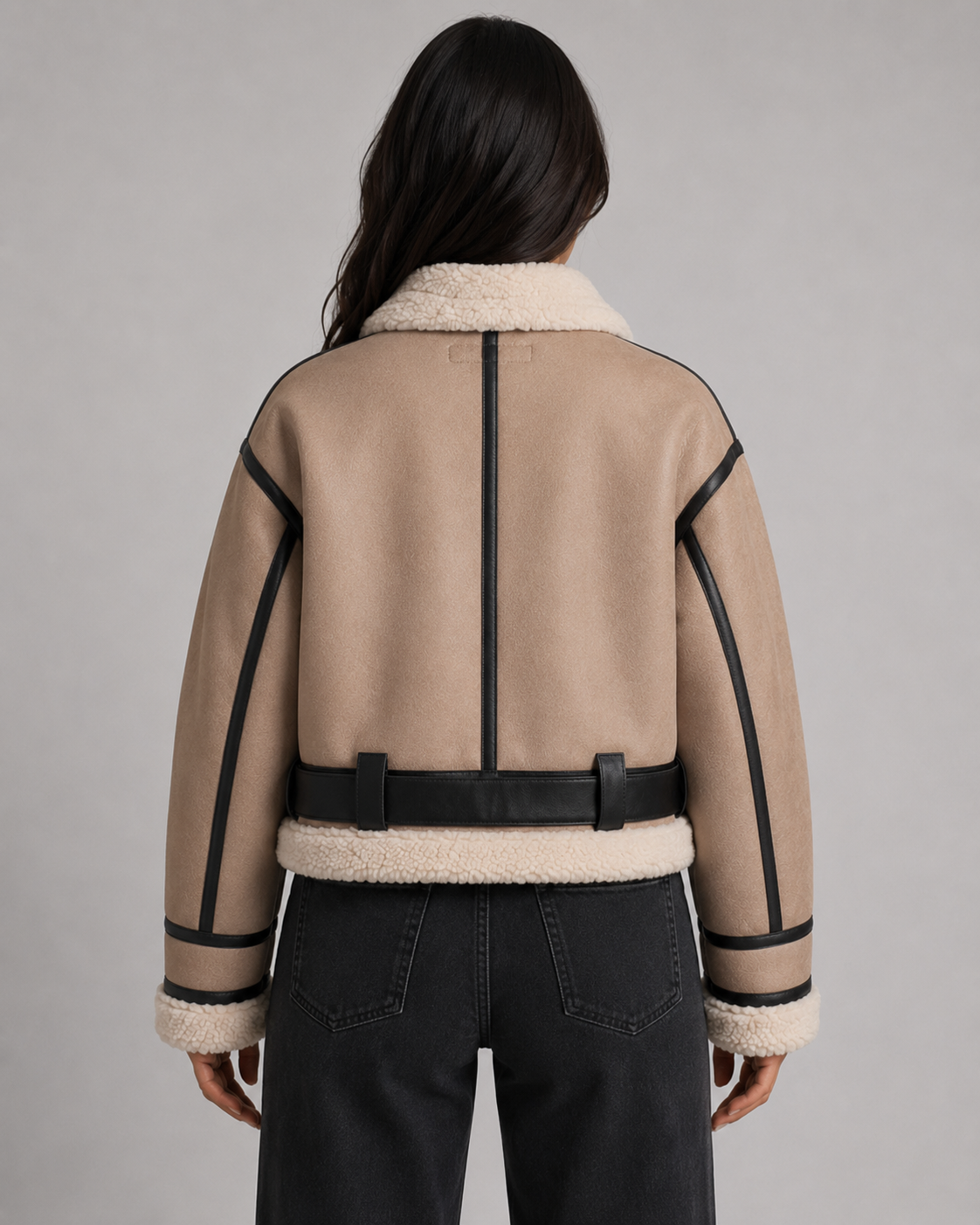 Women's Cropped Leather Aviator Jacket with Shearling Collar