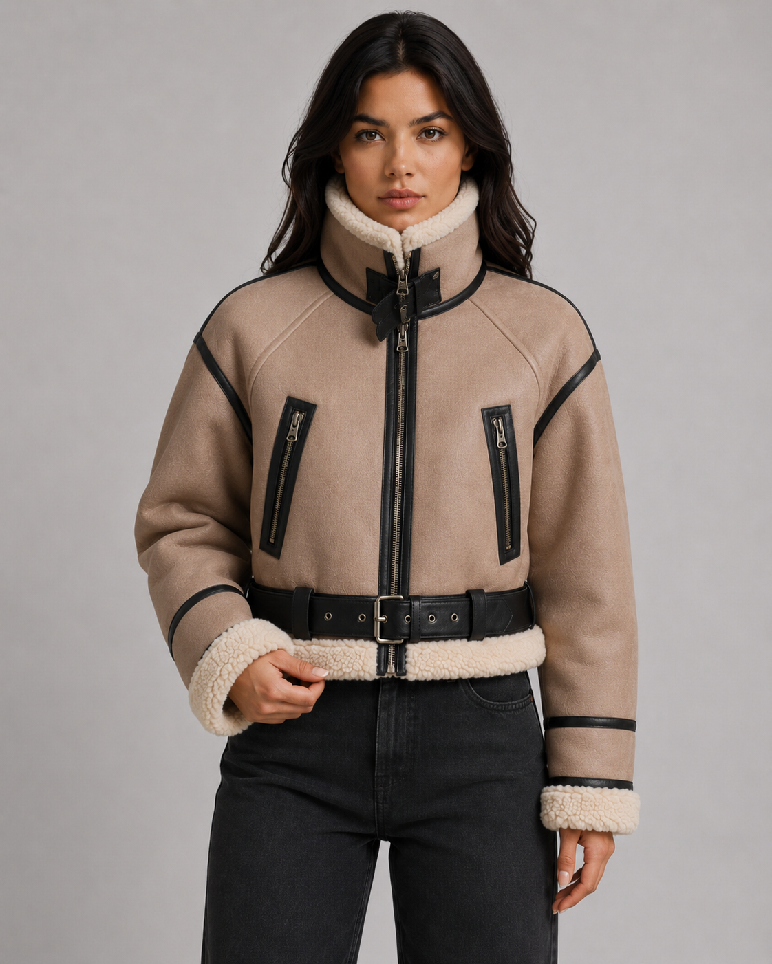 Women's Cropped Leather Aviator Jacket with Shearling Collar