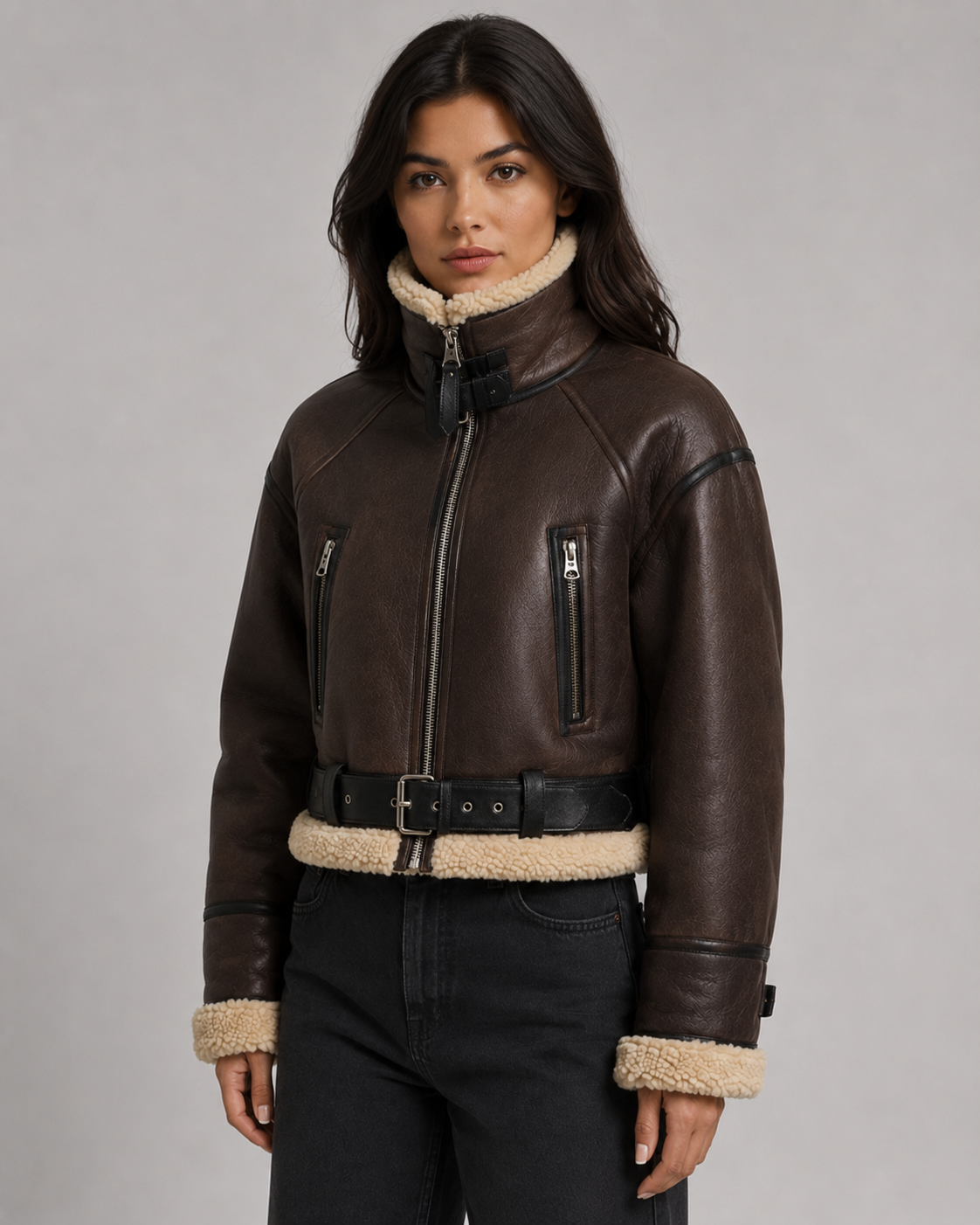 Women's Cropped Leather Aviator Jacket with Shearling Collar