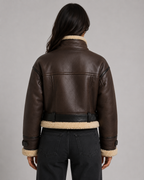 Women's Cropped Leather Aviator Jacket with Shearling Collar