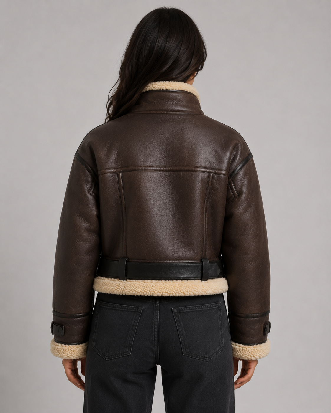 Women's Cropped Leather Aviator Jacket with Shearling Collar