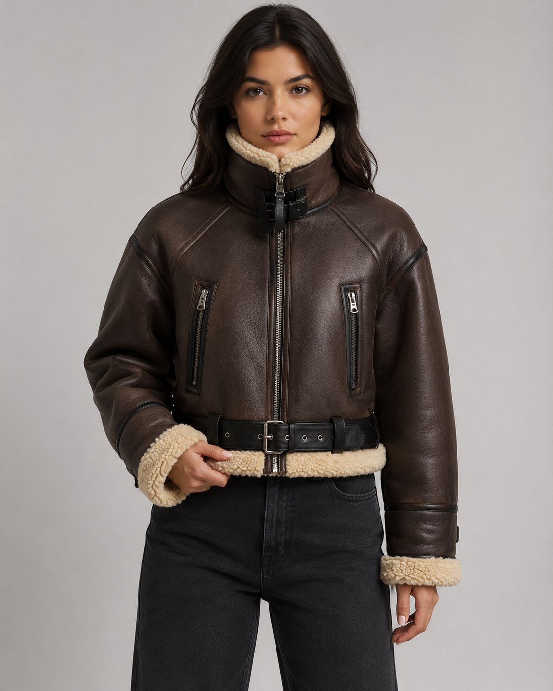 Women's Cropped Leather Aviator Jacket with Shearling Collar