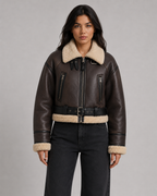 Women's Cropped Leather Aviator Jacket with Shearling Collar