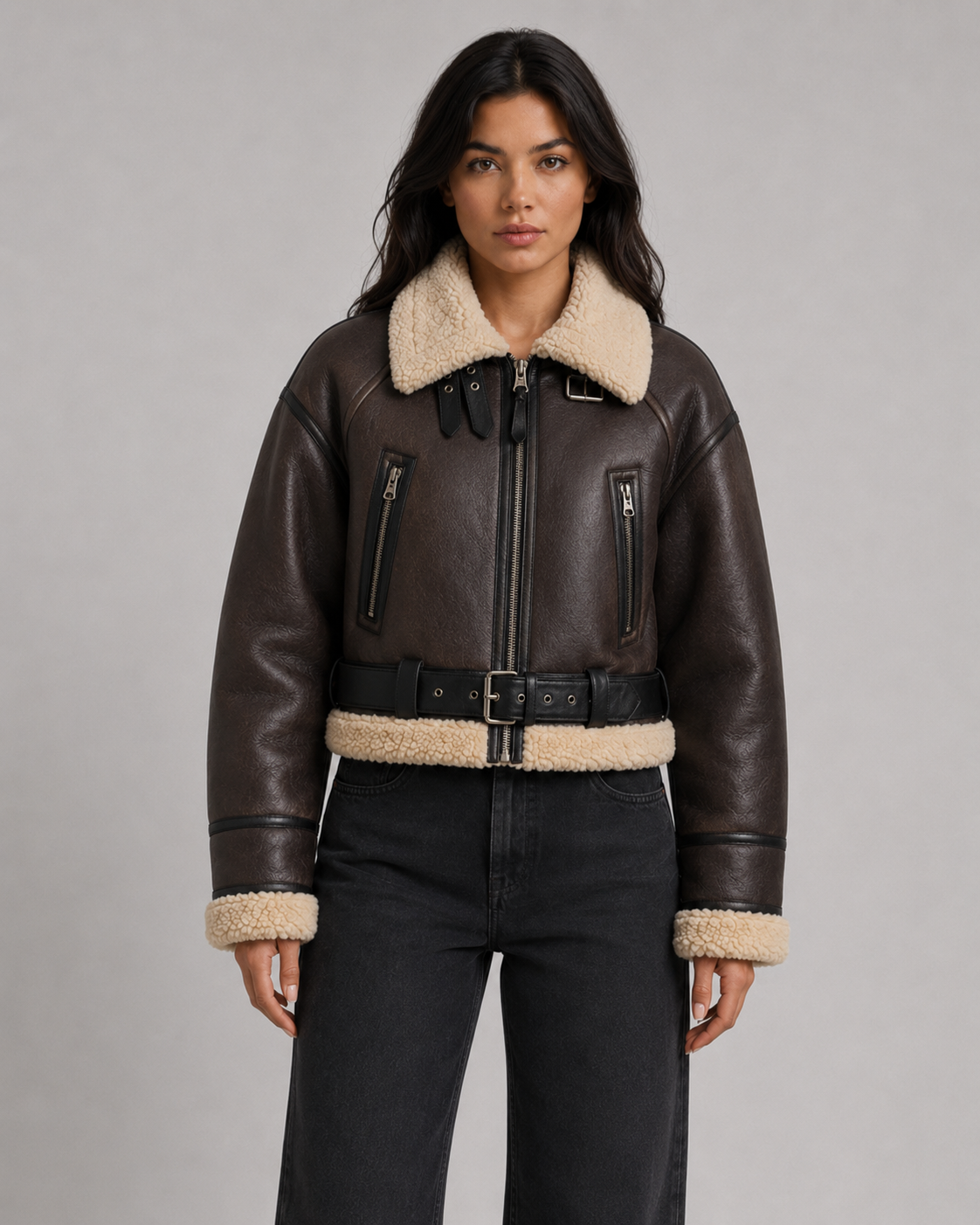 Women's Cropped Leather Aviator Jacket with Shearling Collar