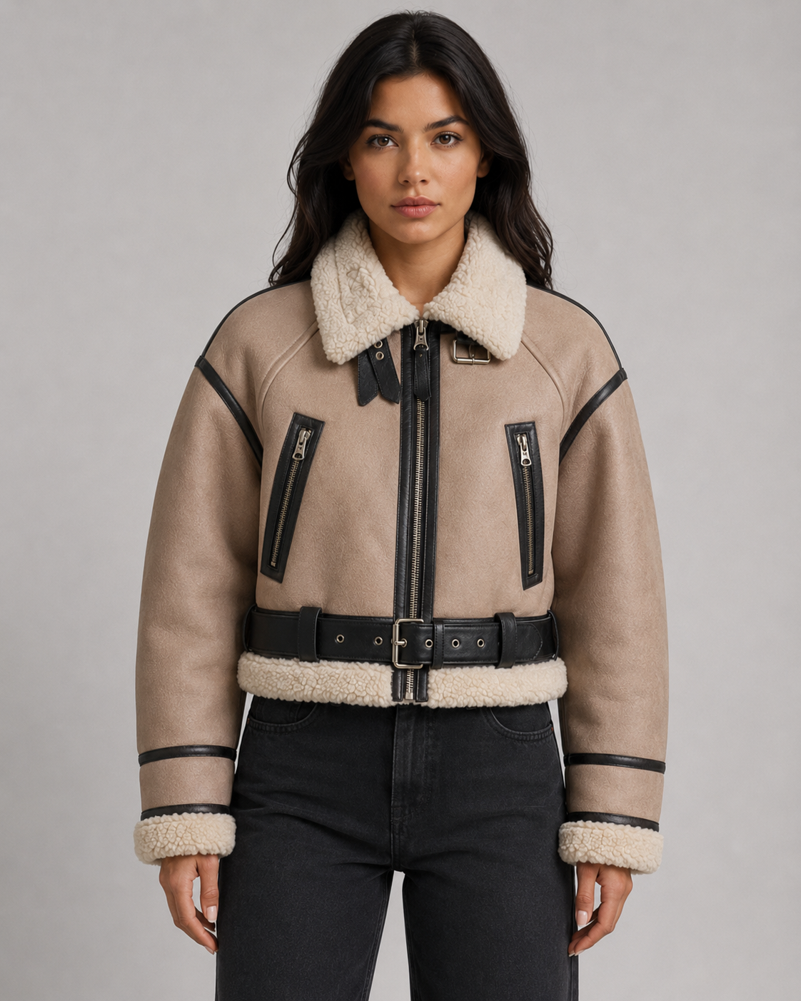 Women's Cropped Leather Aviator Jacket with Shearling Collar