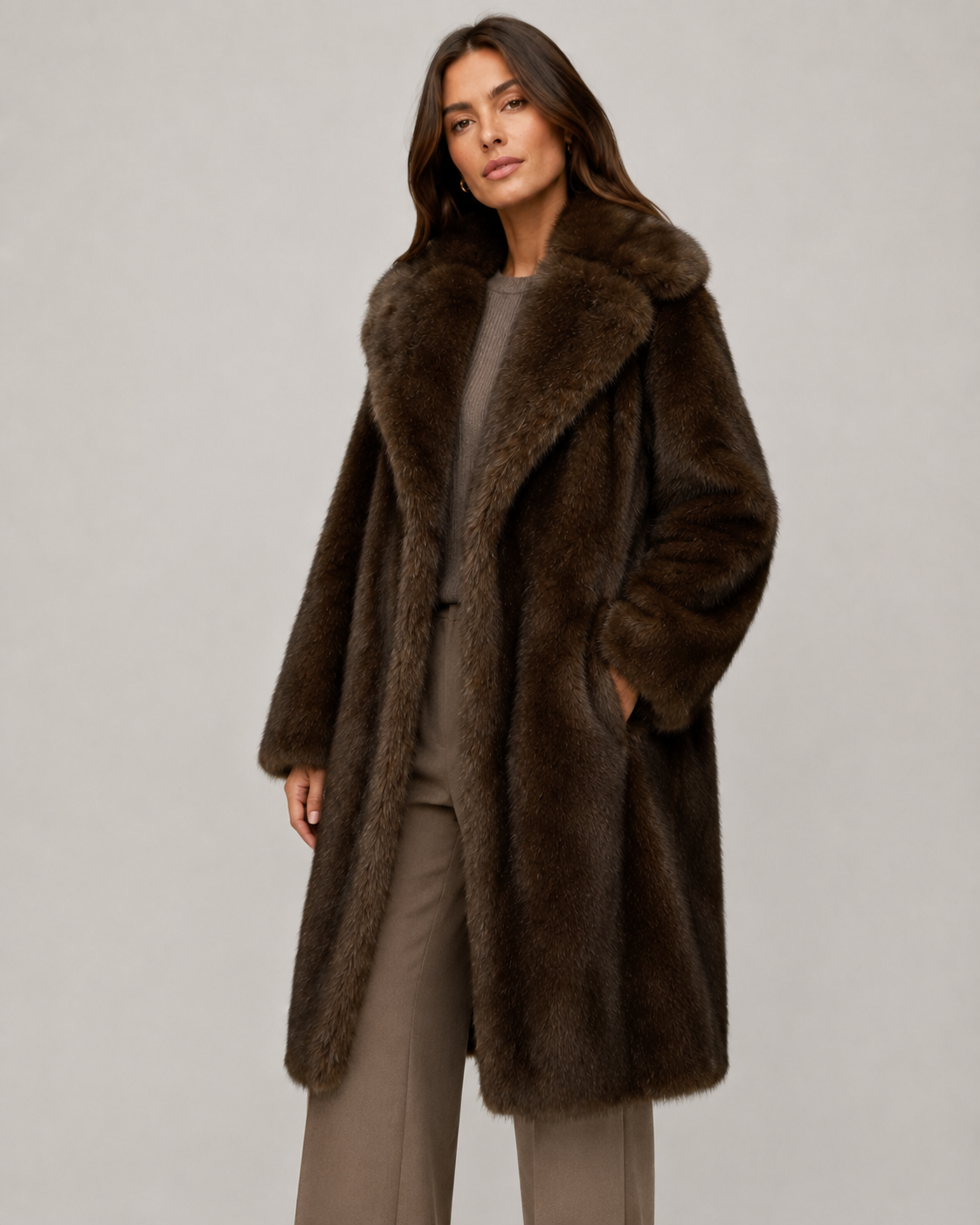 Women's Fur Long Coat with Wide Collar