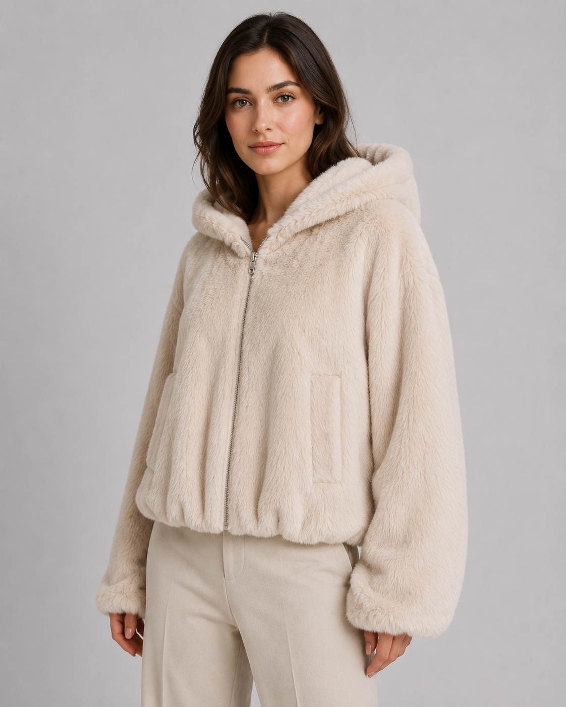 Women's Fluffy Faux Fur Hooded Jacket Full Zip