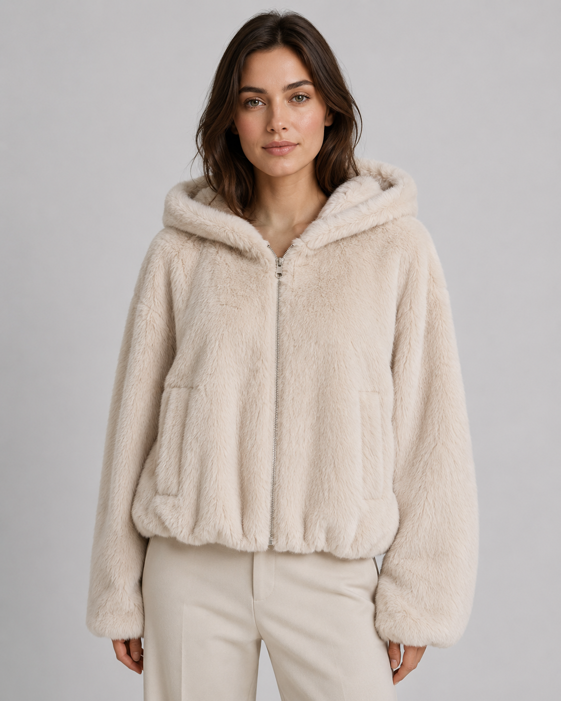 Women's Fluffy Faux Fur Hooded Jacket Full Zip