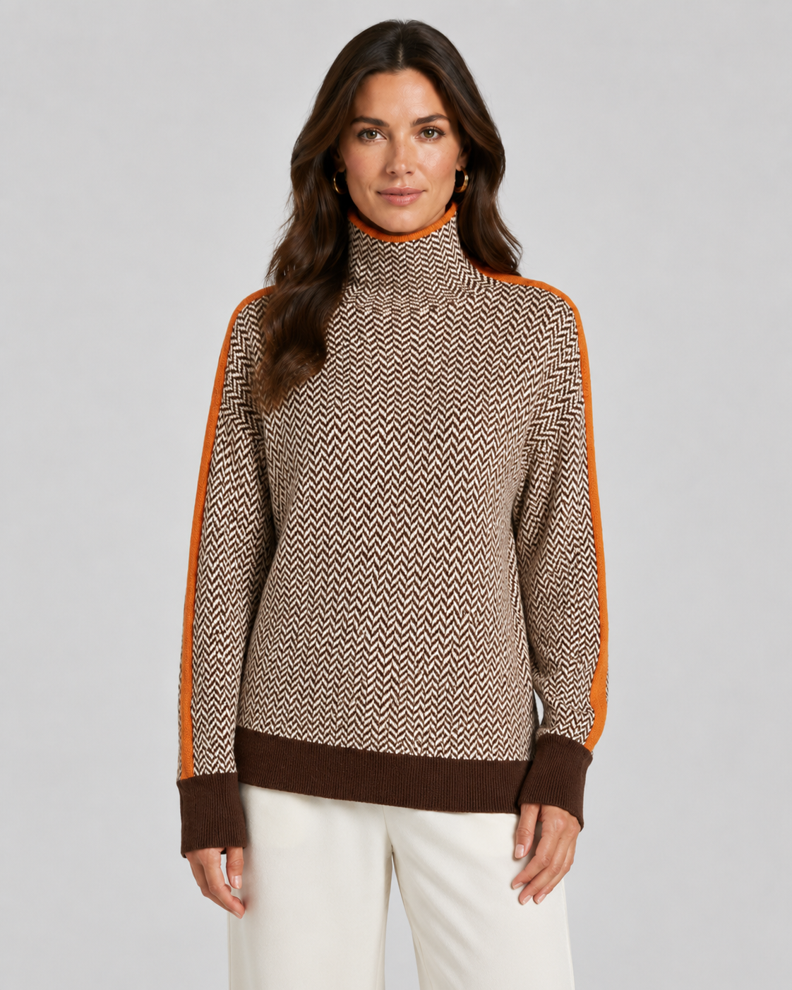 Women's Herringbone Knit Turtleneck Sweater with Contrast Sleeves