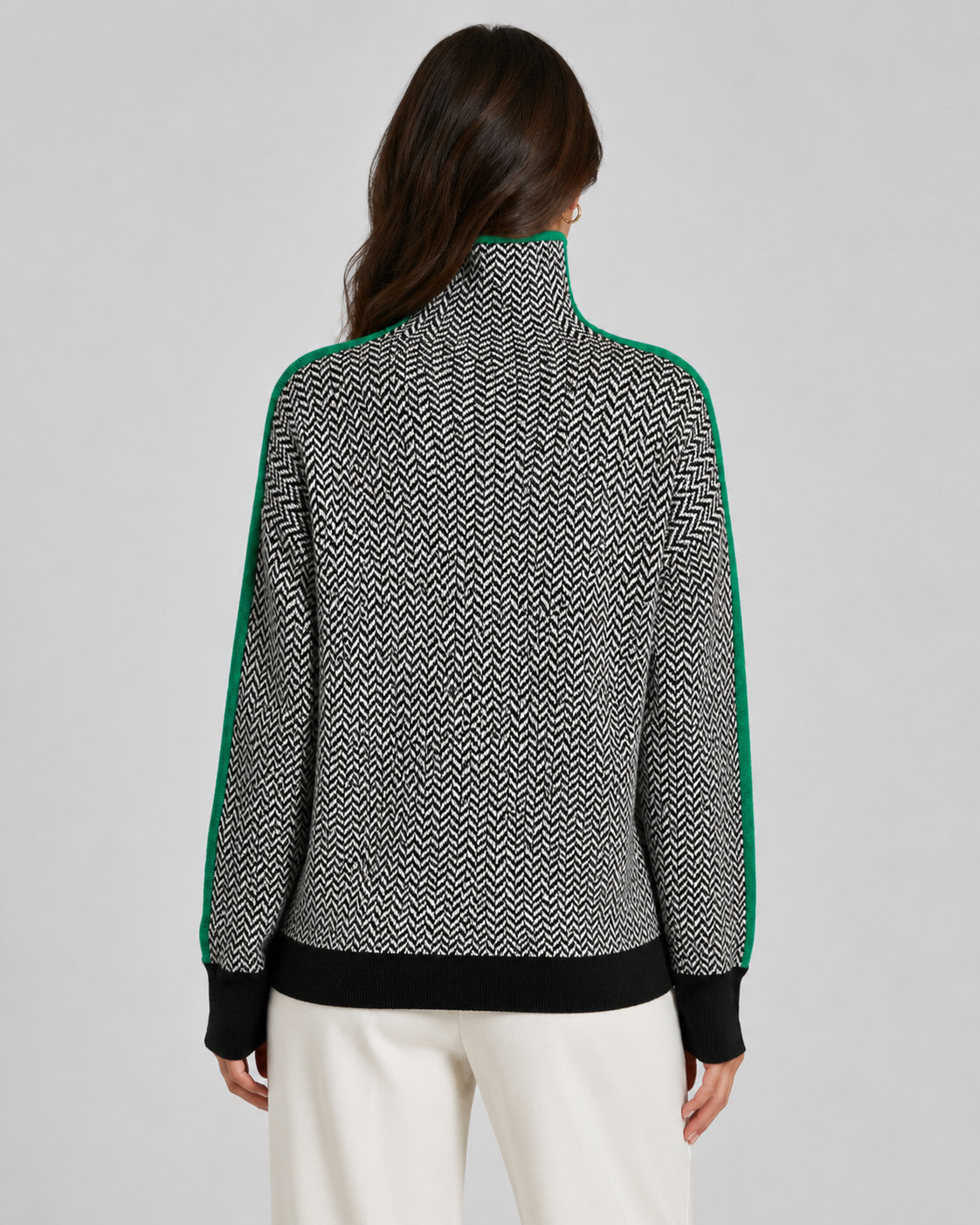 Women's Herringbone Knit Turtleneck Sweater with Contrast Sleeves