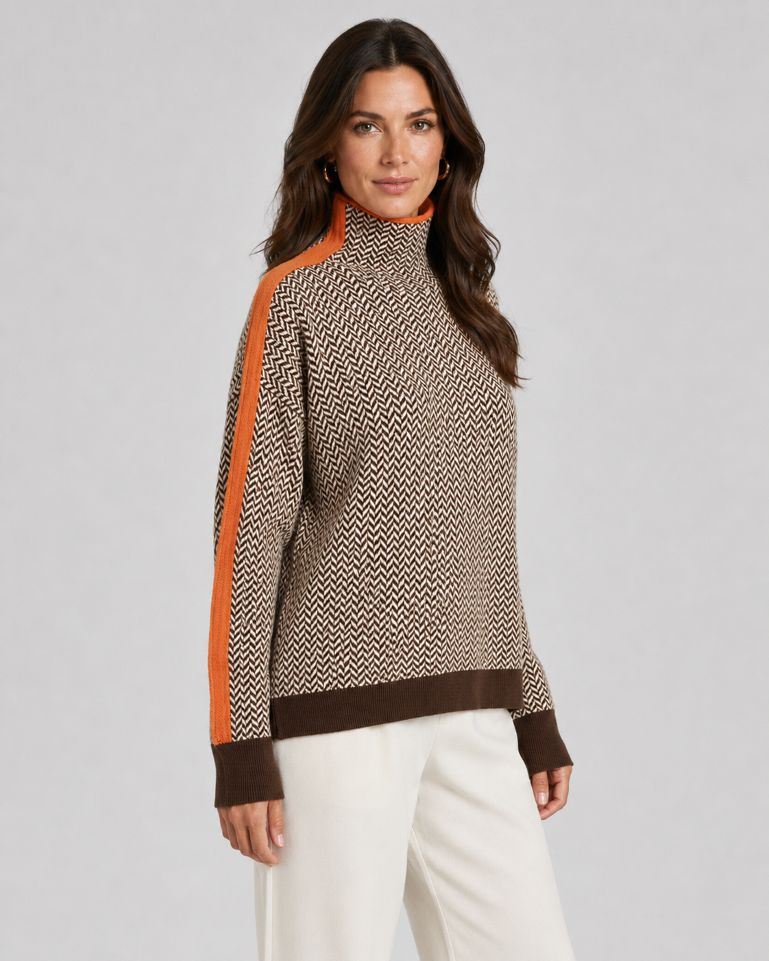 Women's Herringbone Knit Turtleneck Sweater with Contrast Sleeves