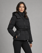 Women's Belted Puffer Jacket with Detachable Hood