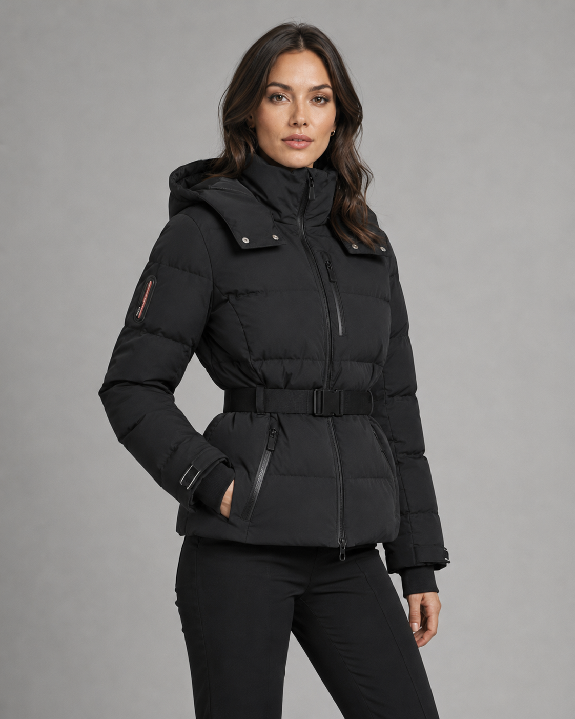Women's Belted Puffer Jacket with Detachable Hood