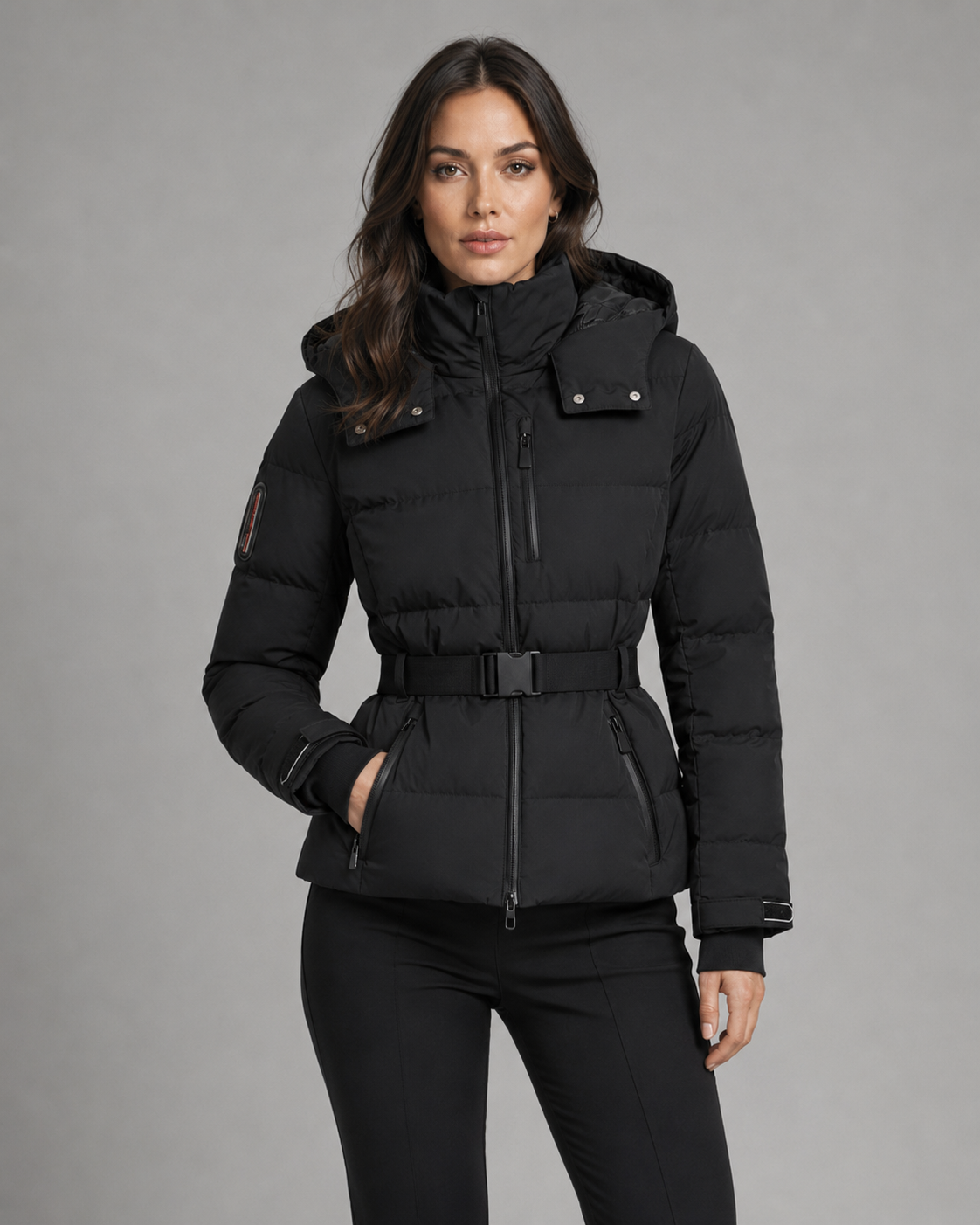Women's Belted Puffer Jacket with Detachable Hood