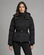 Women's Belted Puffer Jacket with Detachable Hood