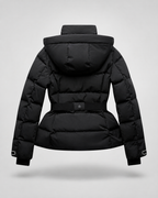 Women's Belted Puffer Jacket with Detachable Hood