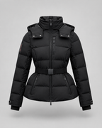 Women's Belted Puffer Jacket with Detachable Hood