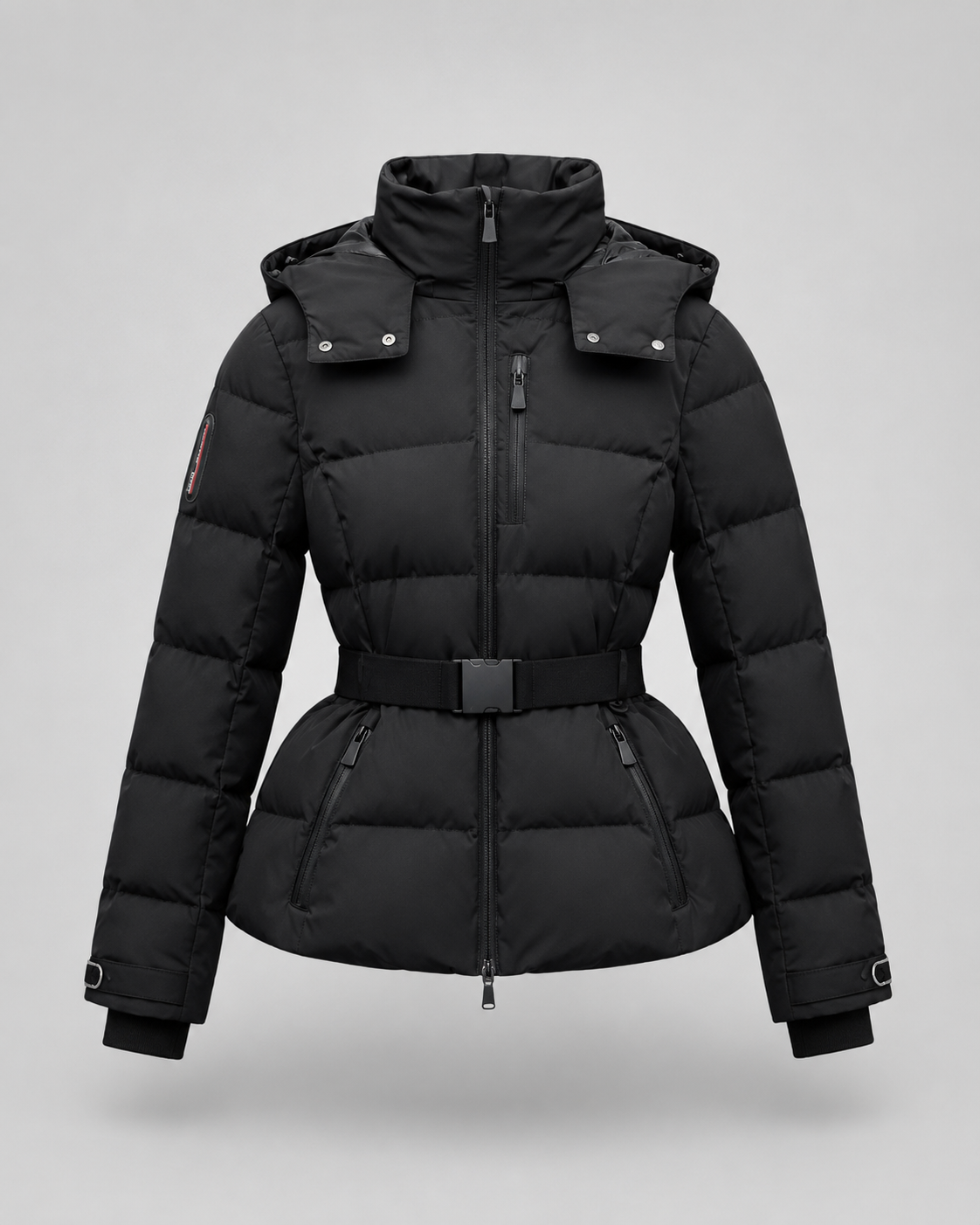 Women's Belted Puffer Jacket with Detachable Hood