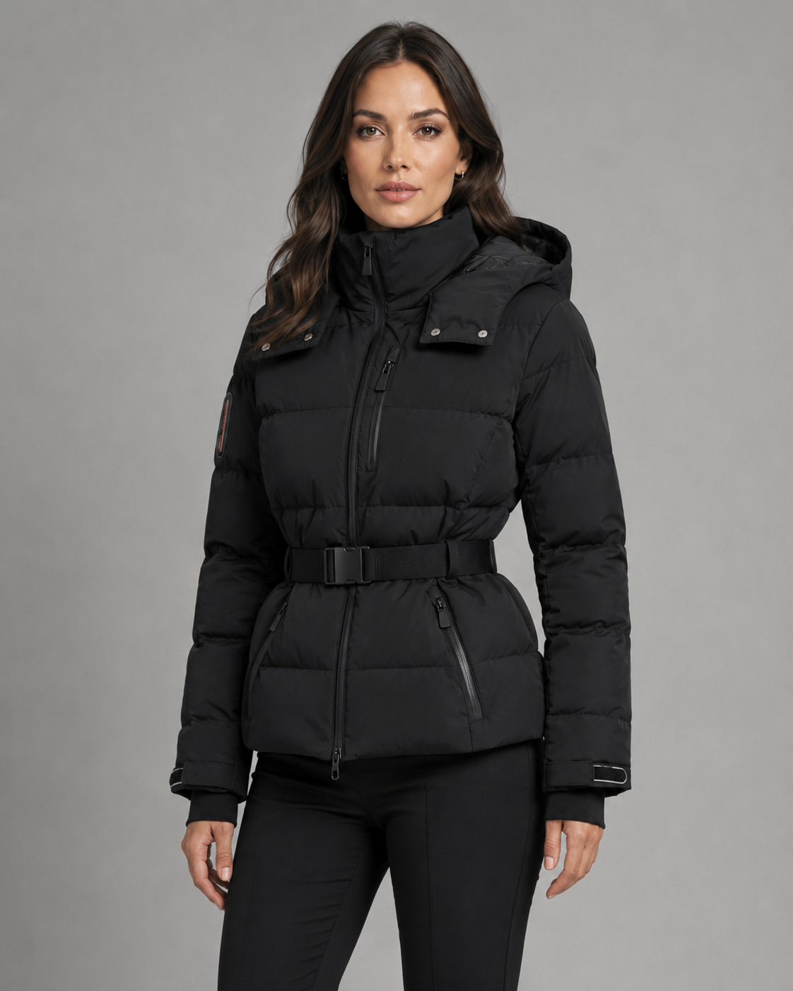 Women's Belted Puffer Jacket with Detachable Hood