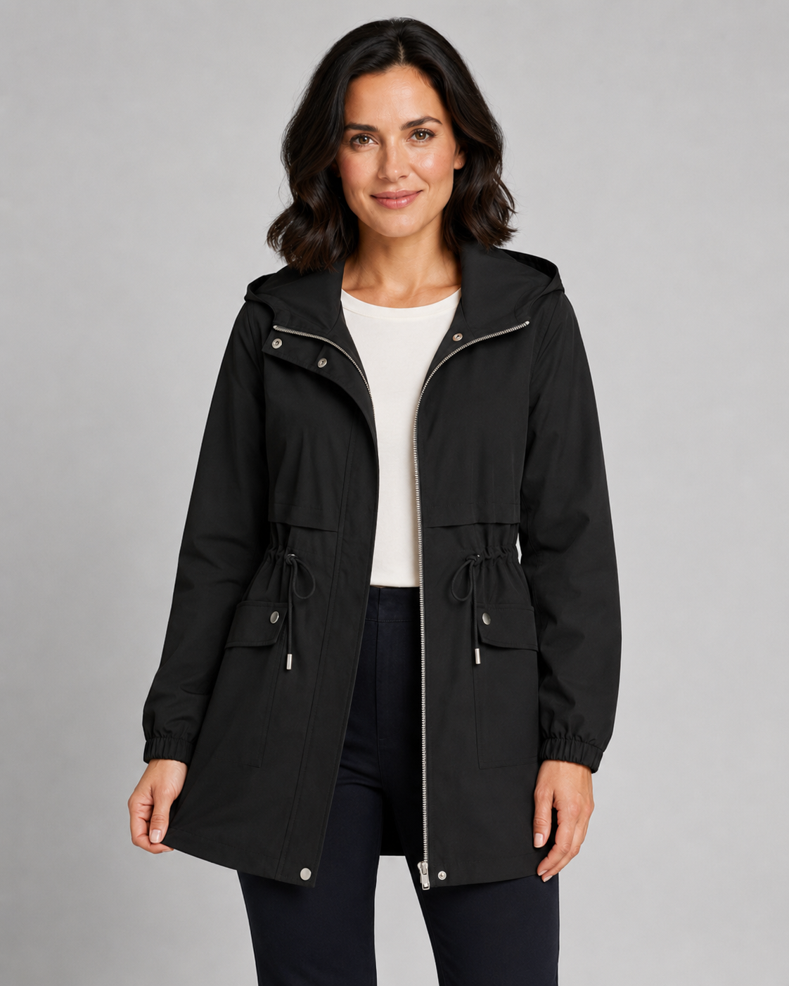 Women's Hooded Drawstring-Waist Zip-Front Trench Coat