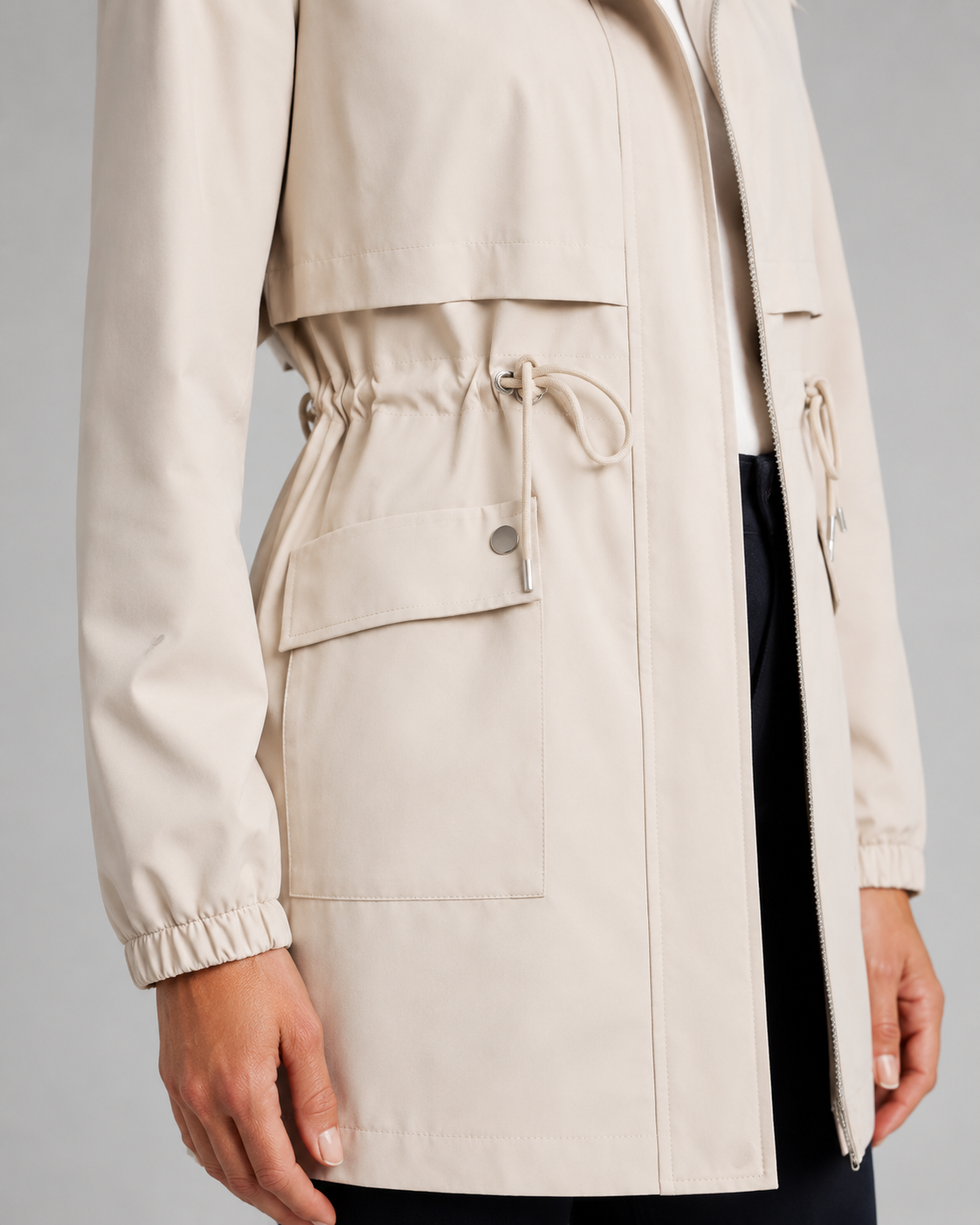 Women's Hooded Drawstring-Waist Zip-Front Trench Coat