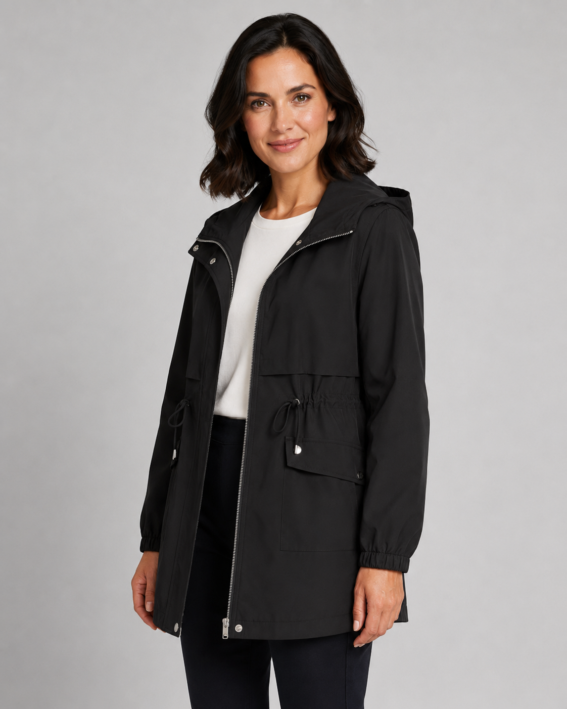 Women's Hooded Drawstring-Waist Zip-Front Trench Coat