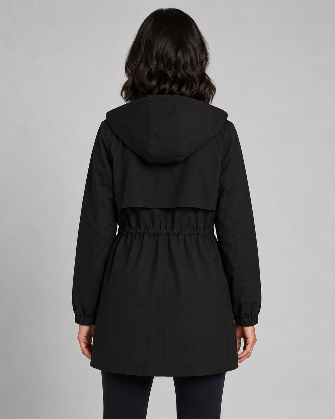 Women's Hooded Drawstring-Waist Zip-Front Trench Coat
