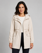 Women's Hooded Drawstring-Waist Zip-Front Trench Coat