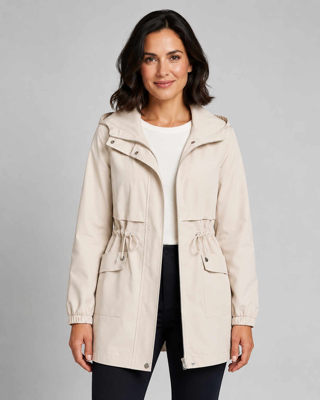 Women's Hooded Drawstring-Waist Zip-Front Trench Coat