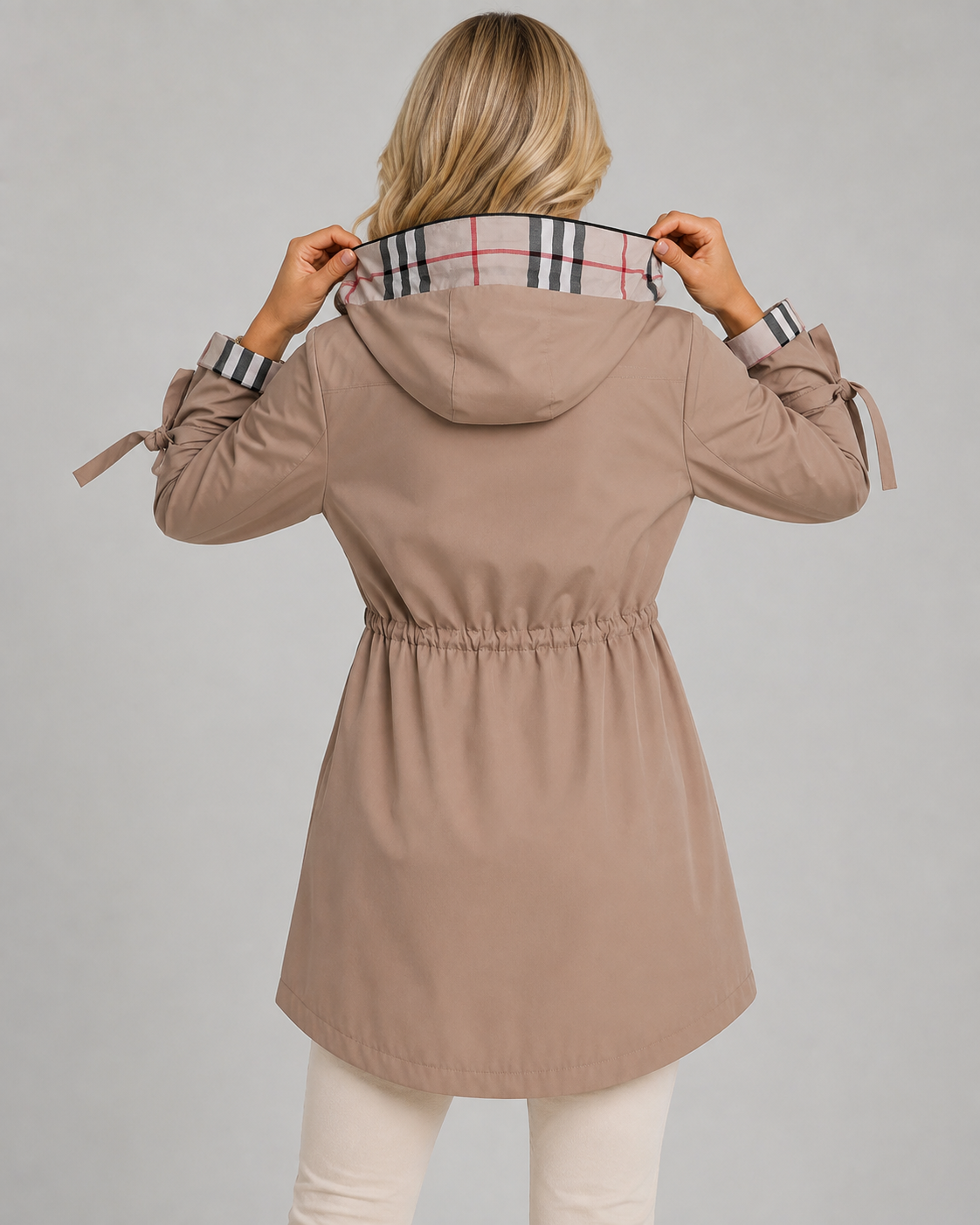 Women's Hooded Trench Coat - Check Lined