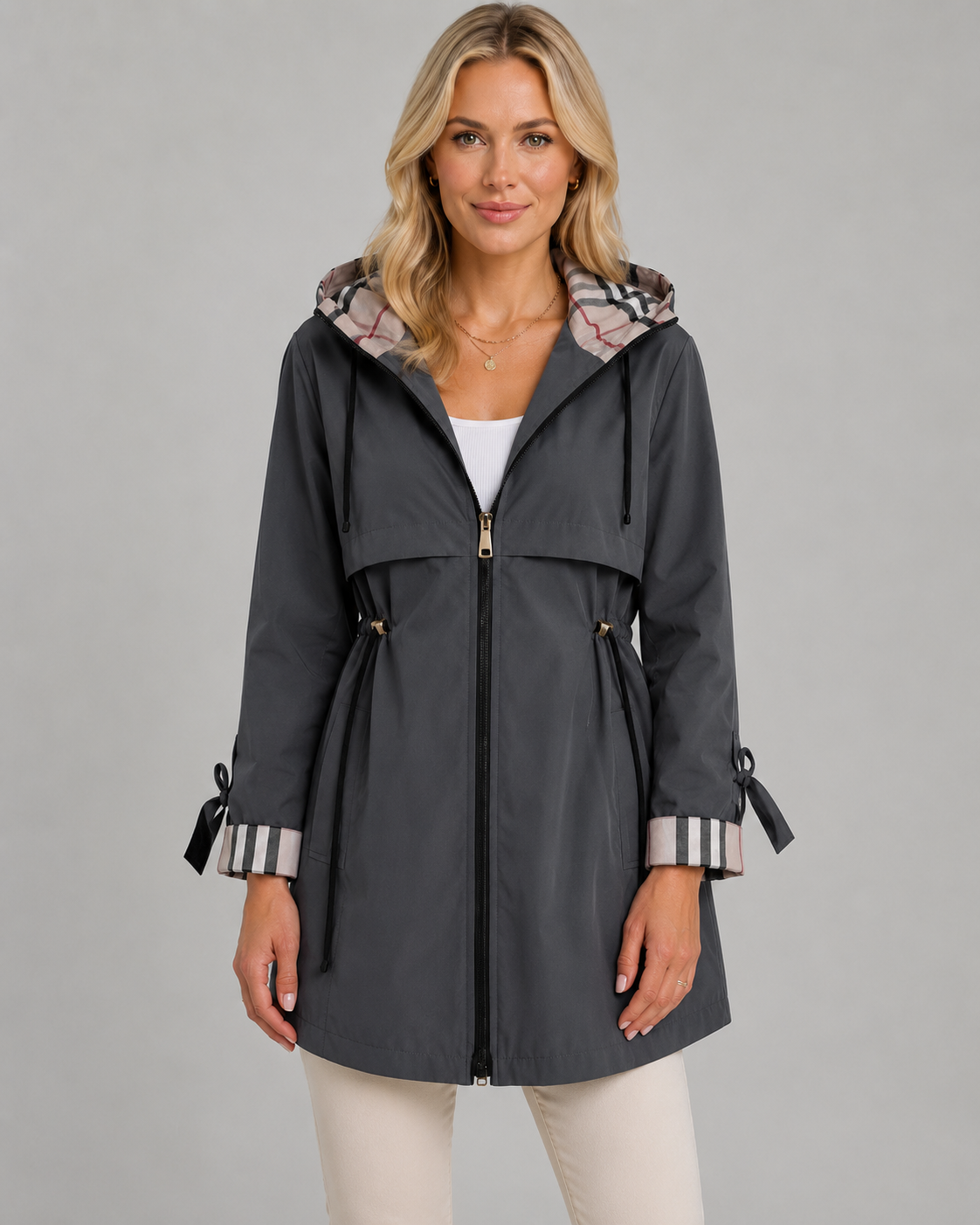 Women's Hooded Trench Coat - Check Lined
