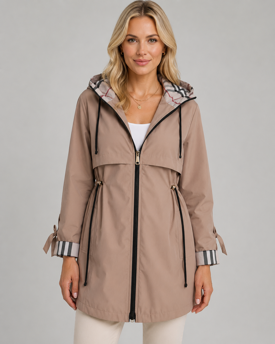 Women's Hooded Trench Coat - Check Lined