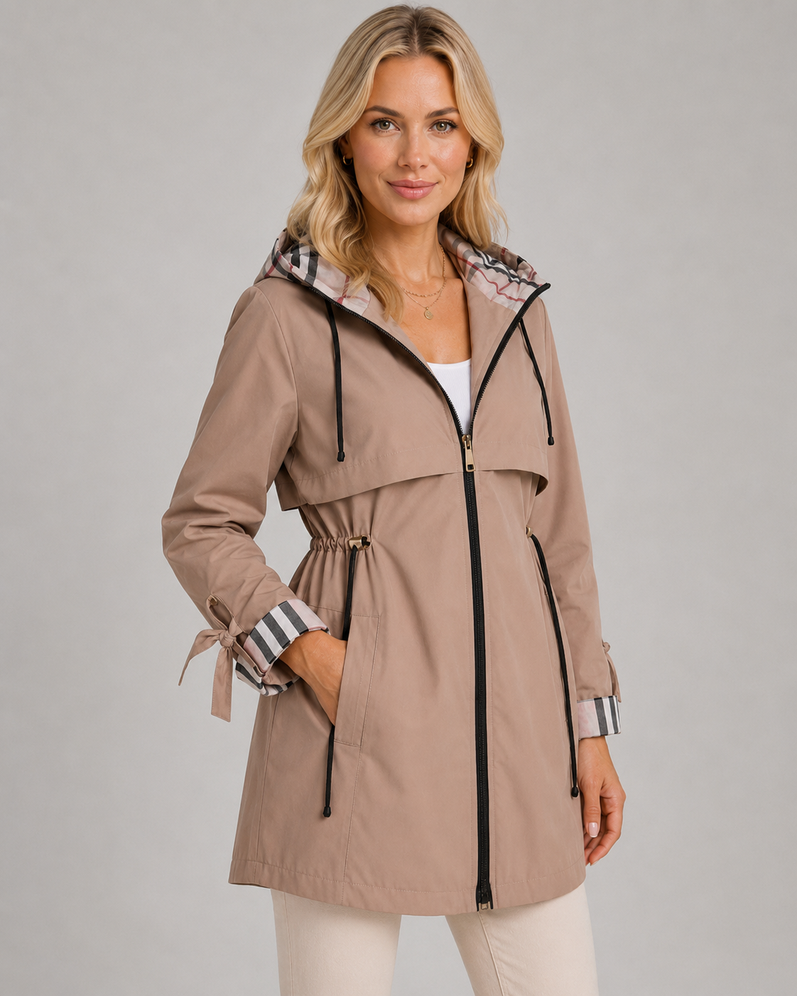 Women's Hooded Trench Coat - Check Lined