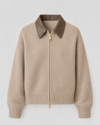 Women's Knit Cardigan Leather Collar Zip Front