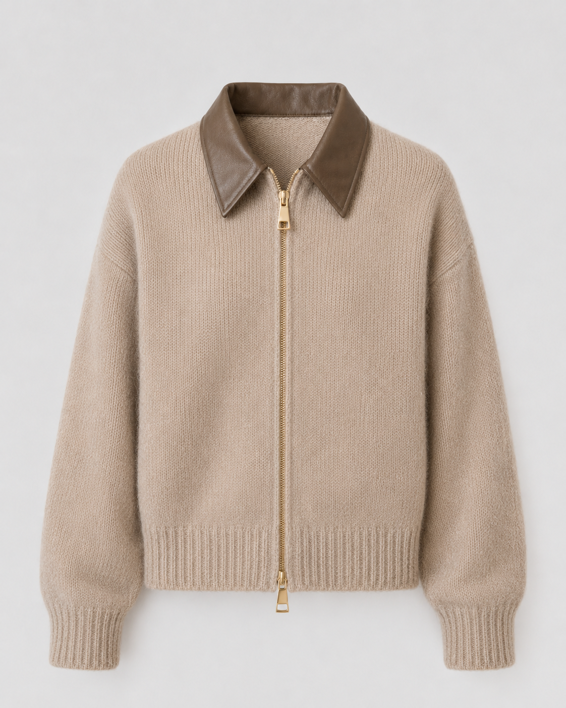 Women's Knit Cardigan Leather Collar Zip Front