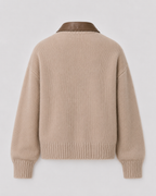 Women's Knit Cardigan Leather Collar Zip Front