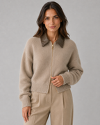 Women's Knit Cardigan Leather Collar Zip Front
