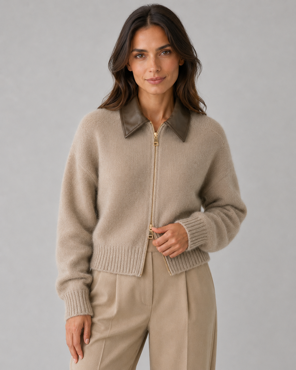 Women's Knit Cardigan Leather Collar Zip Front