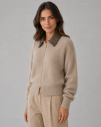 Women's Knit Cardigan Leather Collar Zip Front