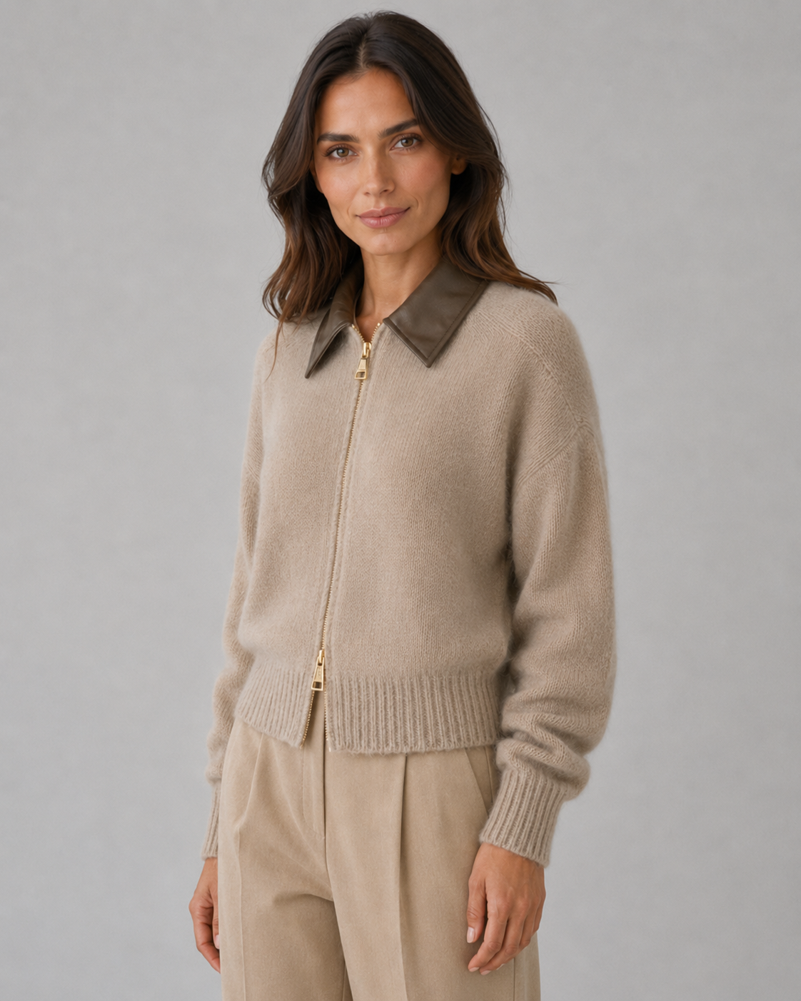 Women's Knit Cardigan Leather Collar Zip Front