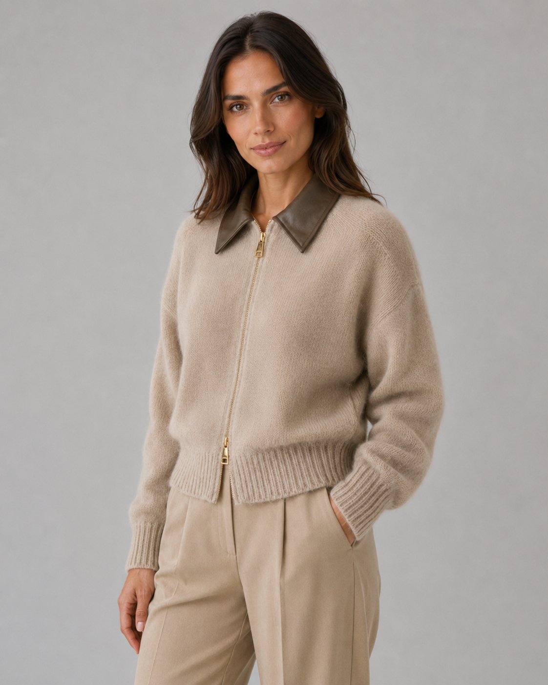 Women's Knit Cardigan Leather Collar Zip Front