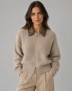 Women's Knit Cardigan Leather Collar Zip Front