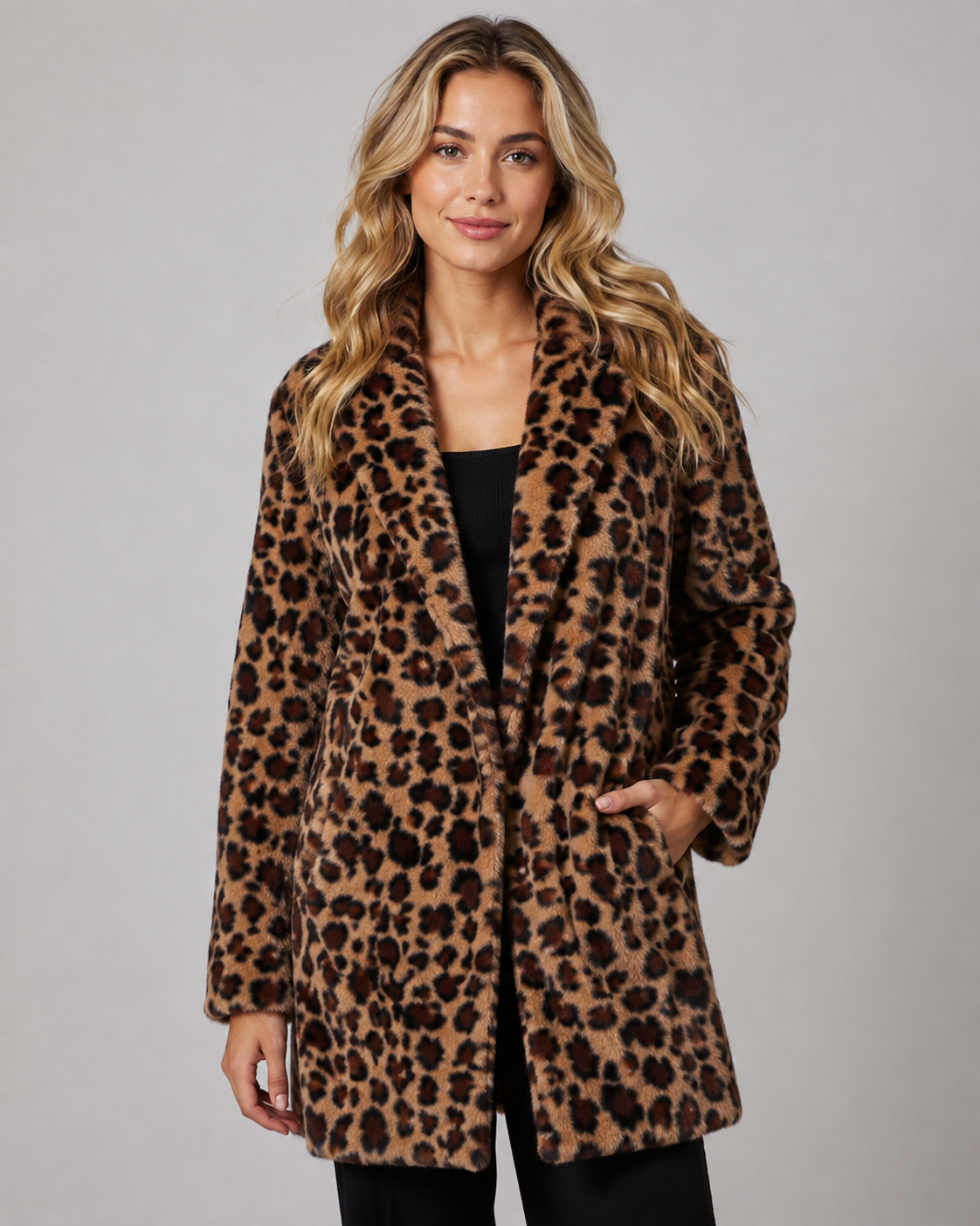 Women's Leopard Print Faux Fur Coat Longline Relaxed Fit