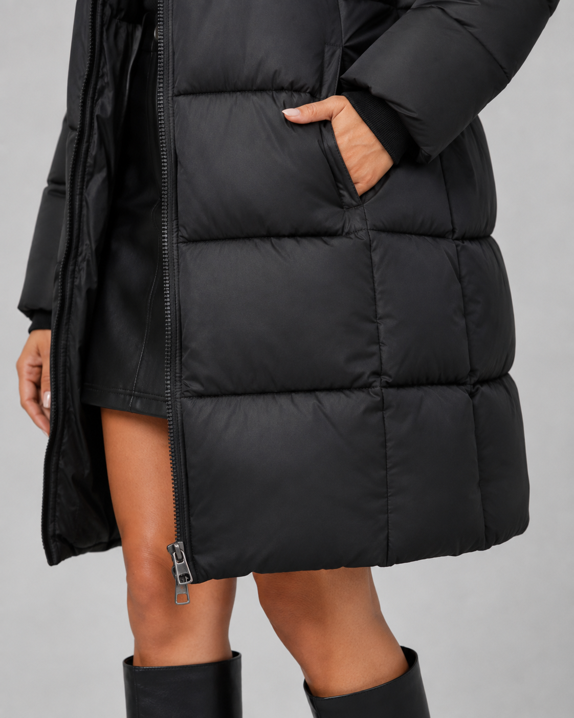 Women's Quilted Puffer Coat Knee Length Hooded Zip Front